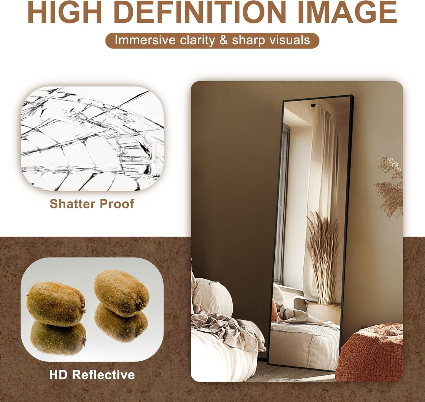 Full Length Mirror, Freestanding Mirror, Large Floor Mirror, Suitable for Bedroom, Bathroom or Living Room, Aluminum Frame (with Stand, 56 x 15 inches - Black)