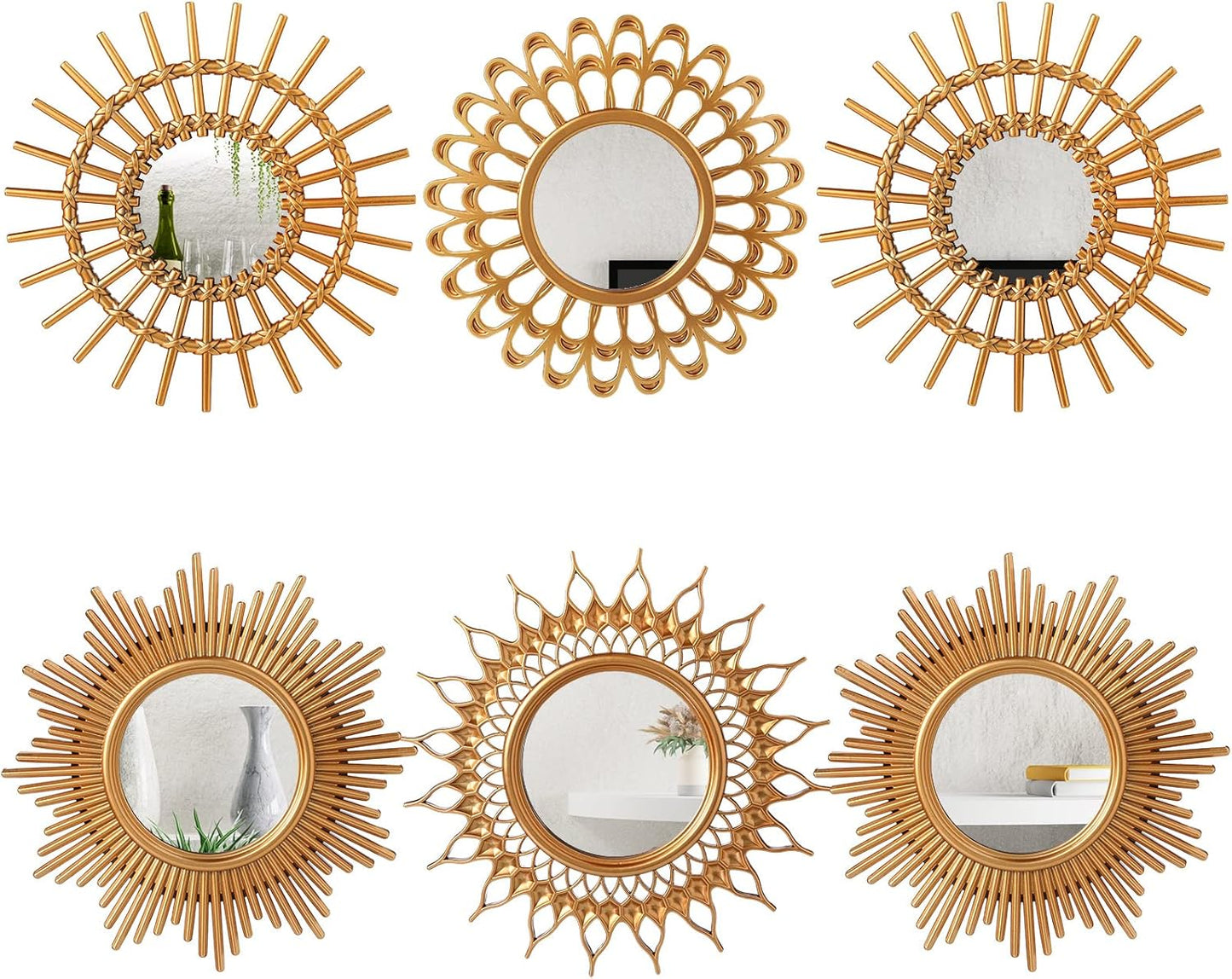 Decorative Mirrors, 6 Pieces - Small Round Sunburst Mirrors for Wall Decor - for Entryway, Bathroom, Bedroom, Living Room (Gold, Classic)