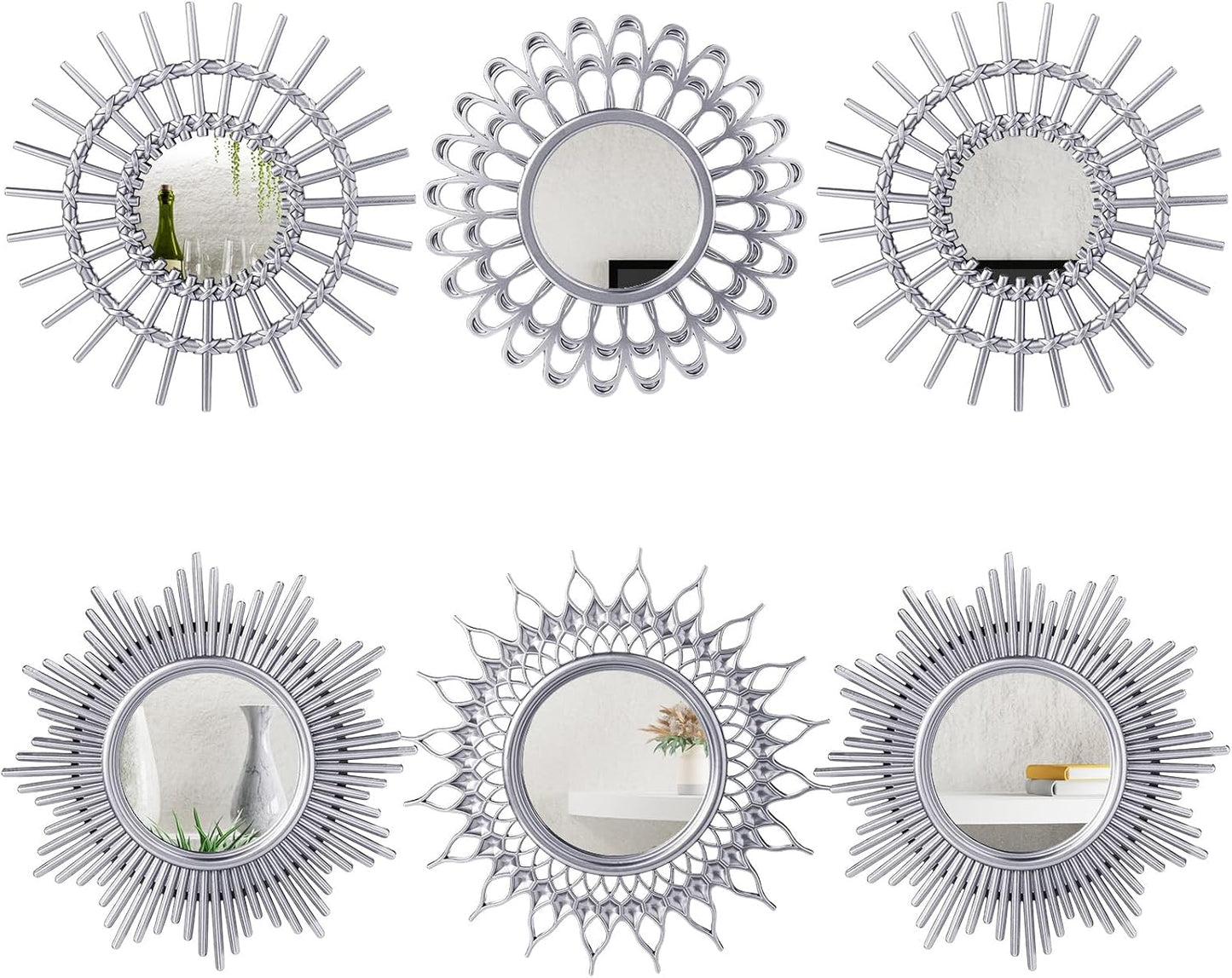 Decorative Mirrors, 6 Pieces - Small Round Sunburst Mirrors for Wall Decor - for Entryway, Bathroom, Bedroom, Living Room (Gold, Classic)