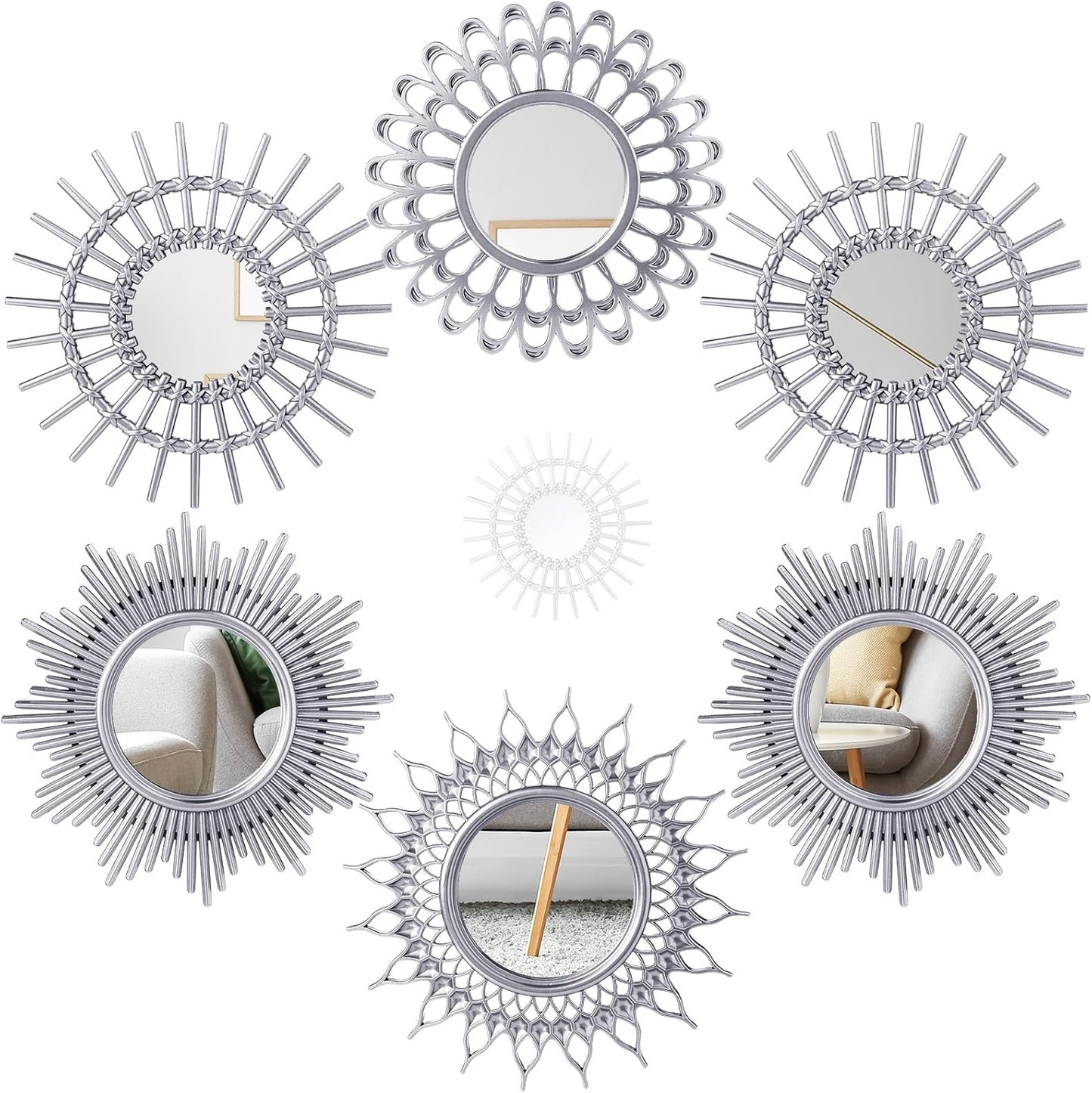 Decorative Mirrors, 6 Pieces - Small Round Sunburst Mirrors for Wall Decor - for Entryway, Bathroom, Bedroom, Living Room (Gold, Classic)