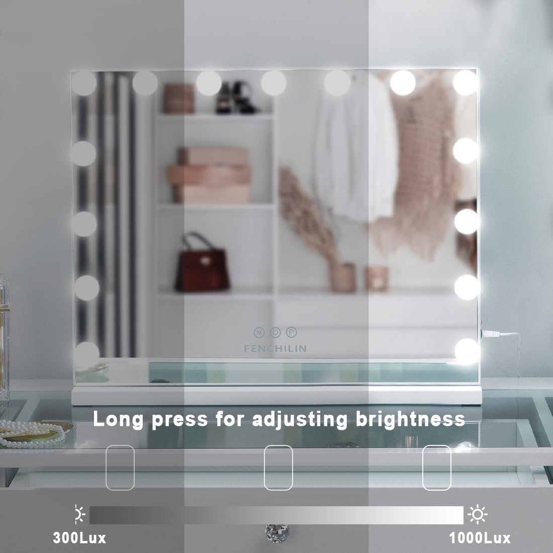 Vanity Mirror with Lights, Hollywood Makeup Mirror with 15 Dimmable LED Lights for Dressing Room and Bedroom, Slim Metal Frame Design, White