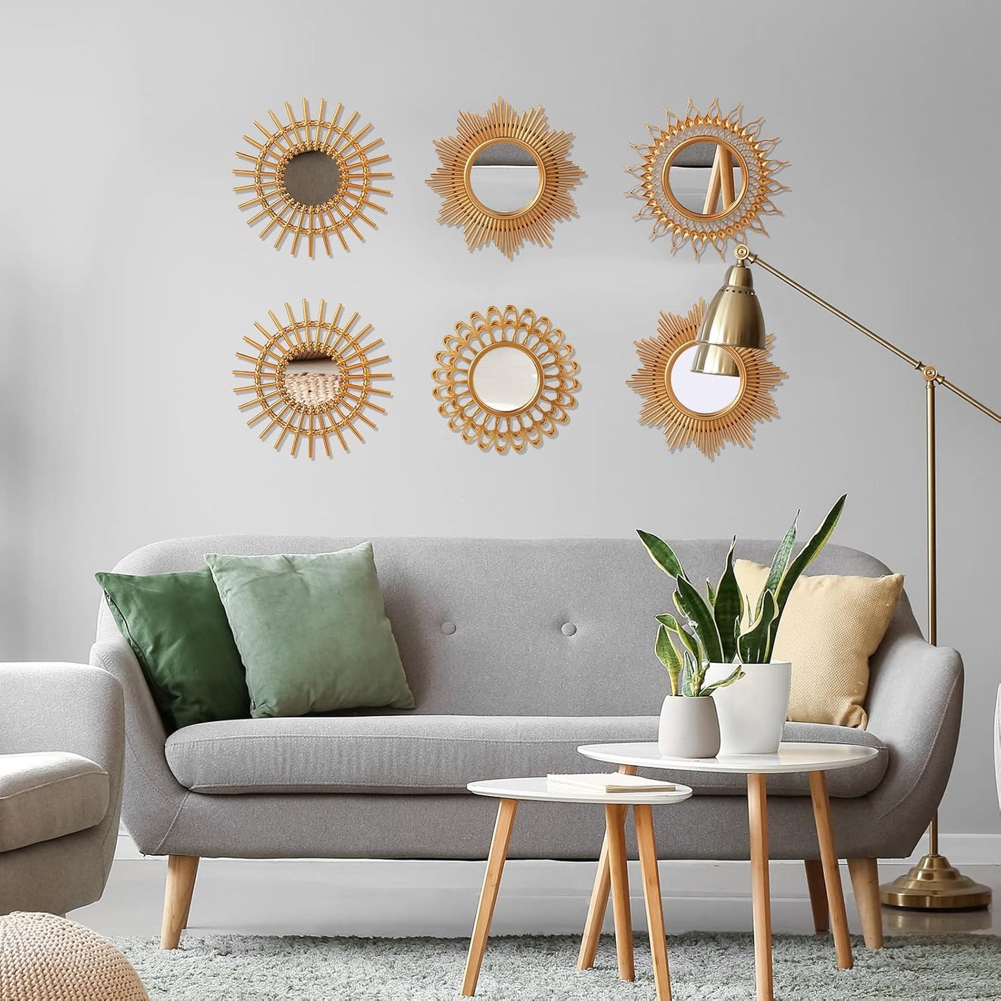 Decorative Mirrors, 6 Pieces - Small Round Sunburst Mirrors for Wall Decor - for Entryway, Bathroom, Bedroom, Living Room (Gold, Classic)