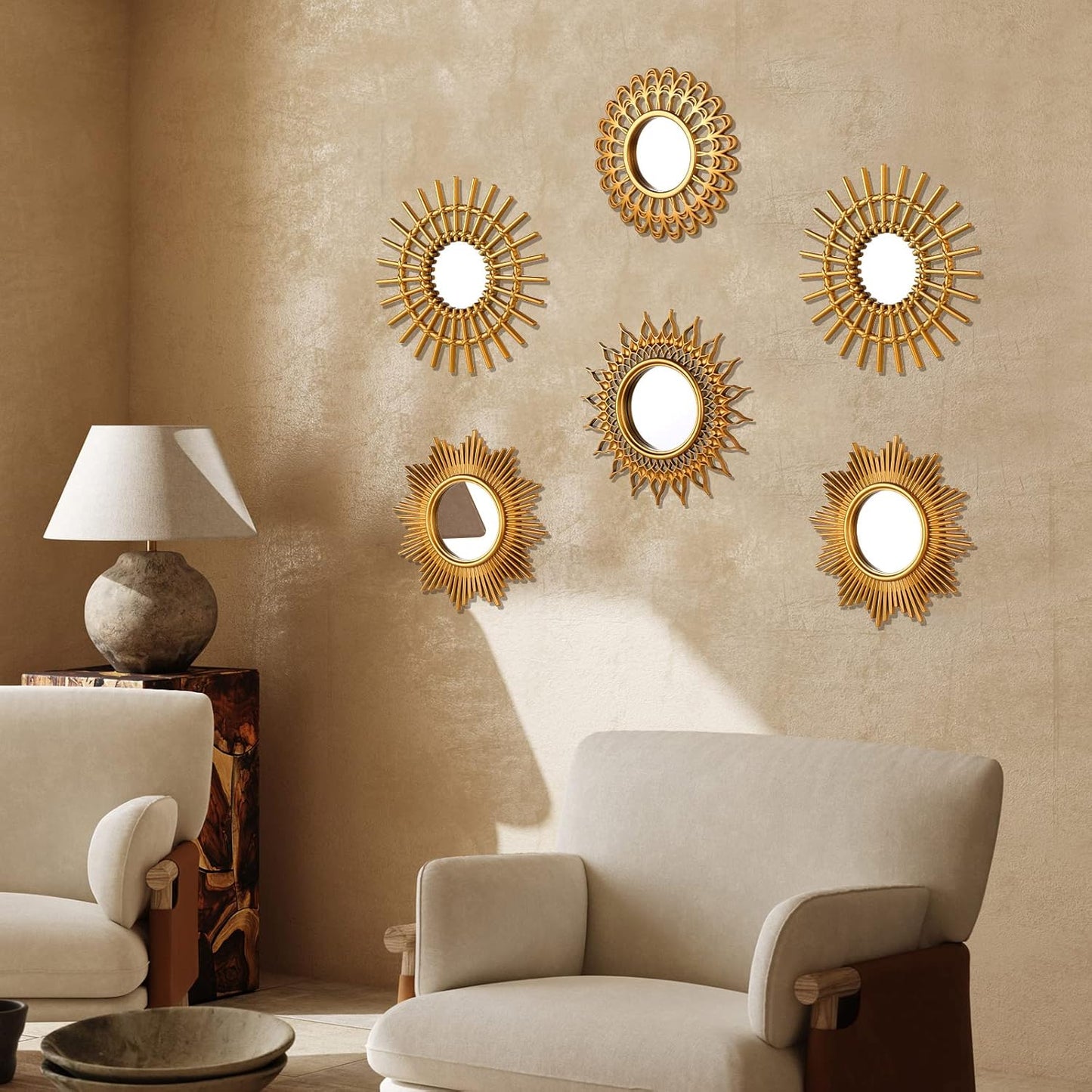 Decorative Mirrors, 6 Pieces - Small Round Sunburst Mirrors for Wall Decor - for Entryway, Bathroom, Bedroom, Living Room (Gold, Classic)