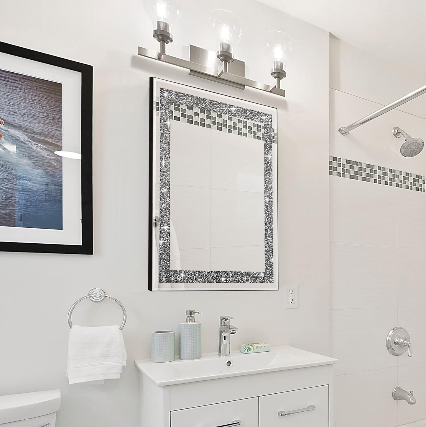Diamond Crystal Crush Rectangular Wall Mirror for Home Decor, Accent Mirror for Bathroom, Entryway, Bedroom, 16" x 20"