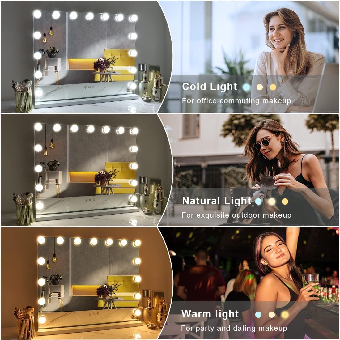 Vanity Mirror with Lights, Hollywood Makeup Mirror with 15 Dimmable LED Lights for Dressing Room and Bedroom, Slim Metal Frame Design, White