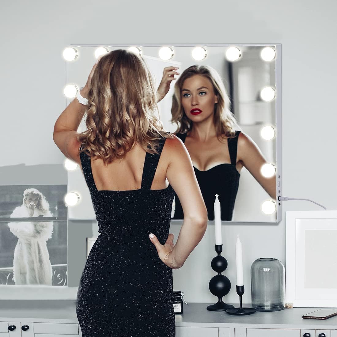 Vanity Mirror with Lights, Hollywood Makeup Mirror with 15 Dimmable LED Lights for Dressing Room and Bedroom, Slim Metal Frame Design, White