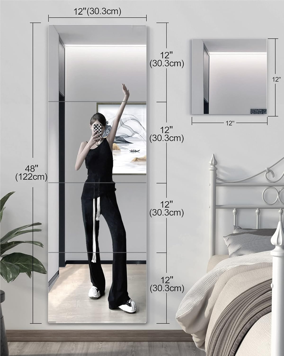 Shatterproof Full Length Wall Mirror for Bedroom, Home Gym Mirrors, Extra Thick: 0.12", 12" x 12" x 4 Pack, Kids Safe Workout Mirrors, Over the Door, Wall Mounted for Long Term
