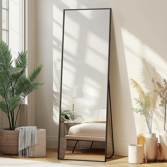 Full Length Mirror, Freestanding Mirror, Large Floor Mirror, Suitable for Bedroom, Bathroom or Living Room, Aluminum Frame (with Stand, 56 x 15 inches - Black)