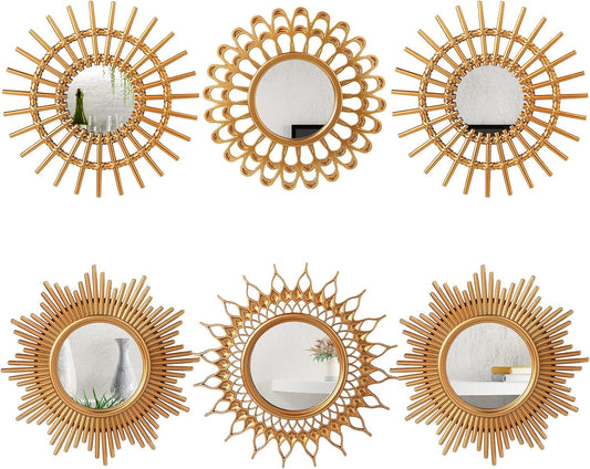 Decorative Mirrors, 6 Pieces - Small Round Sunburst Mirrors for Wall Decor - for Entryway, Bathroom, Bedroom, Living Room (Gold, Classic)