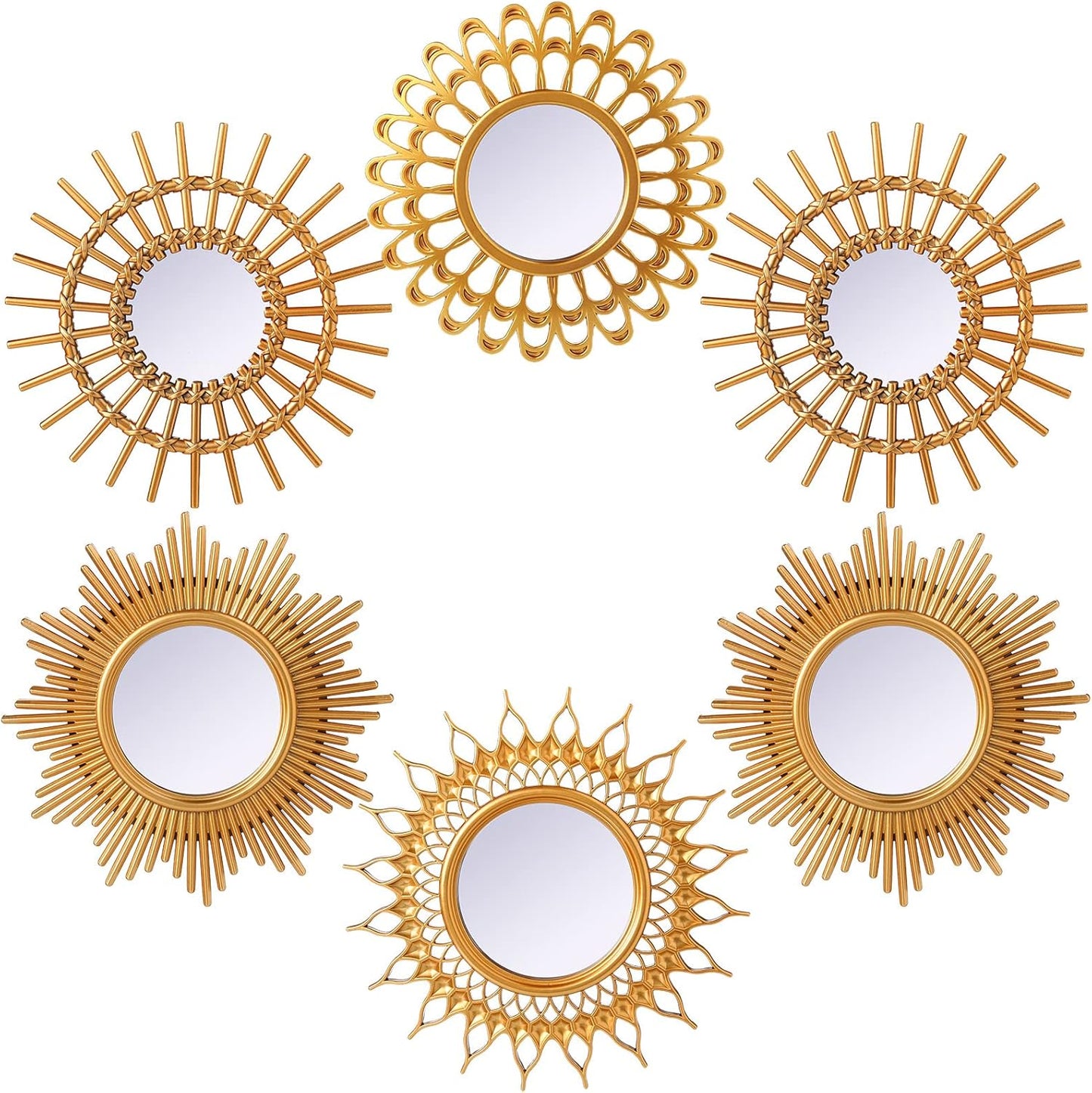 Decorative Mirrors, 6 Pieces - Small Round Sunburst Mirrors for Wall Decor - for Entryway, Bathroom, Bedroom, Living Room (Gold, Classic)