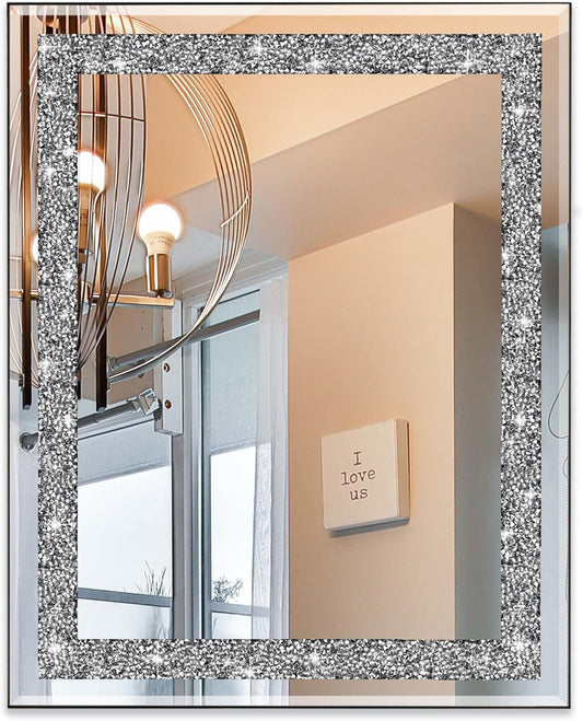Diamond Crystal Crush Rectangular Wall Mirror for Home Decor, Accent Mirror for Bathroom, Entryway, Bedroom, 16" x 20"