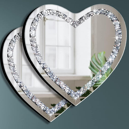 Heart Shaped Glass Silver Mirror, 2 Pieces, 12x12 Inch, Crystal Crush Diamond Wall Decor Chain