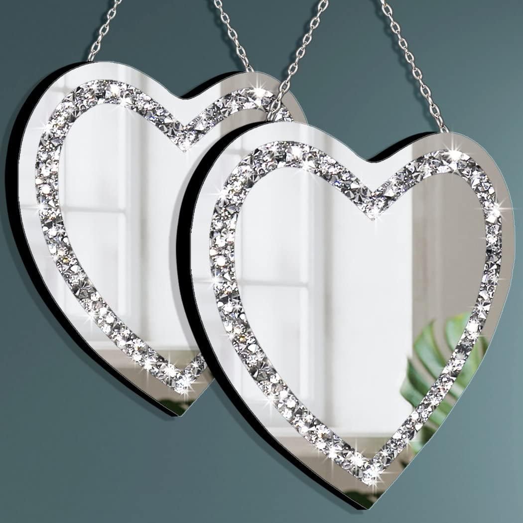 Heart Shaped Glass Silver Mirror, 2 Pieces, 12x12 Inch, Crystal Crush Diamond Wall Decor Chain