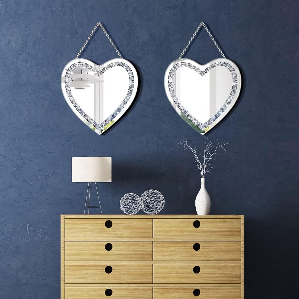 Heart Shaped Glass Silver Mirror, 2 Pieces, 12x12 Inch, Crystal Crush Diamond Wall Decor Chain