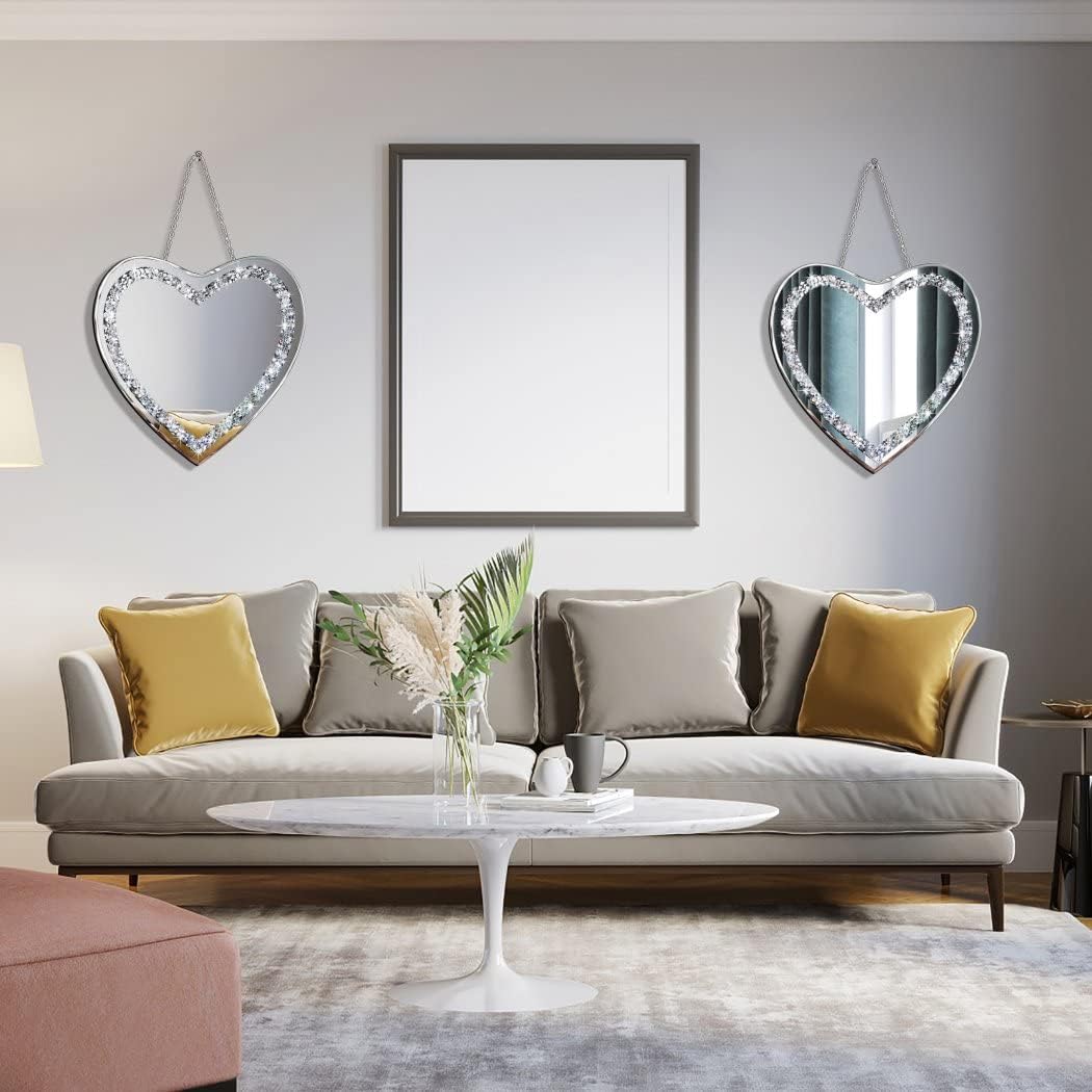 Heart Shaped Glass Silver Mirror, 2 Pieces, 12x12 Inch, Crystal Crush Diamond Wall Decor Chain