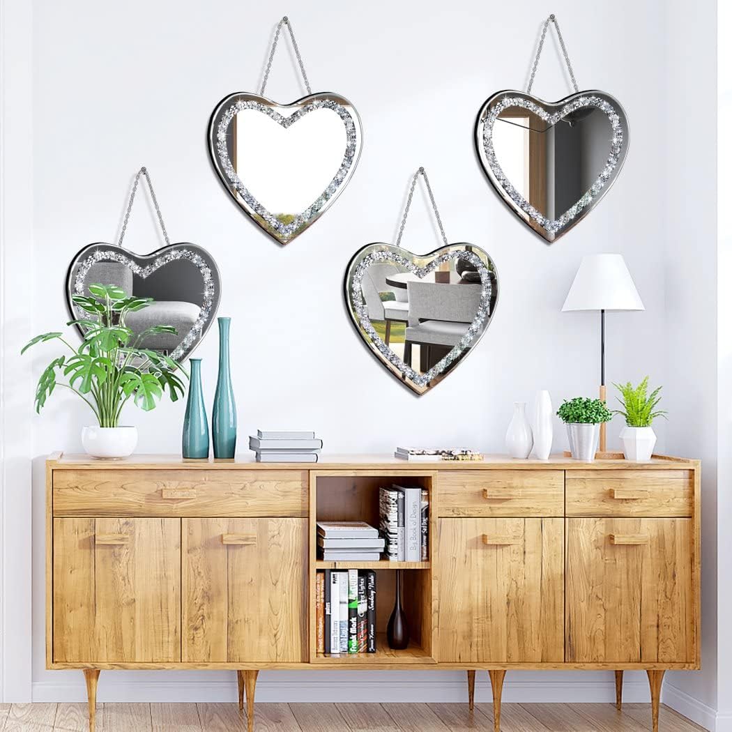 Heart Shaped Glass Silver Mirror, 2 Pieces, 12x12 Inch, Crystal Crush Diamond Wall Decor Chain