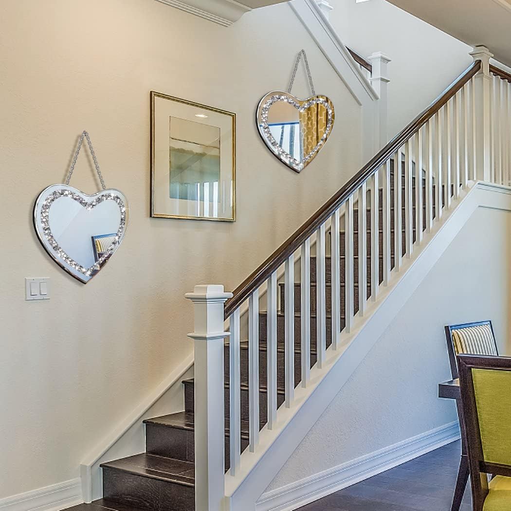 Heart Shaped Glass Silver Mirror, 2 Pieces, 12x12 Inch, Crystal Crush Diamond Wall Decor Chain