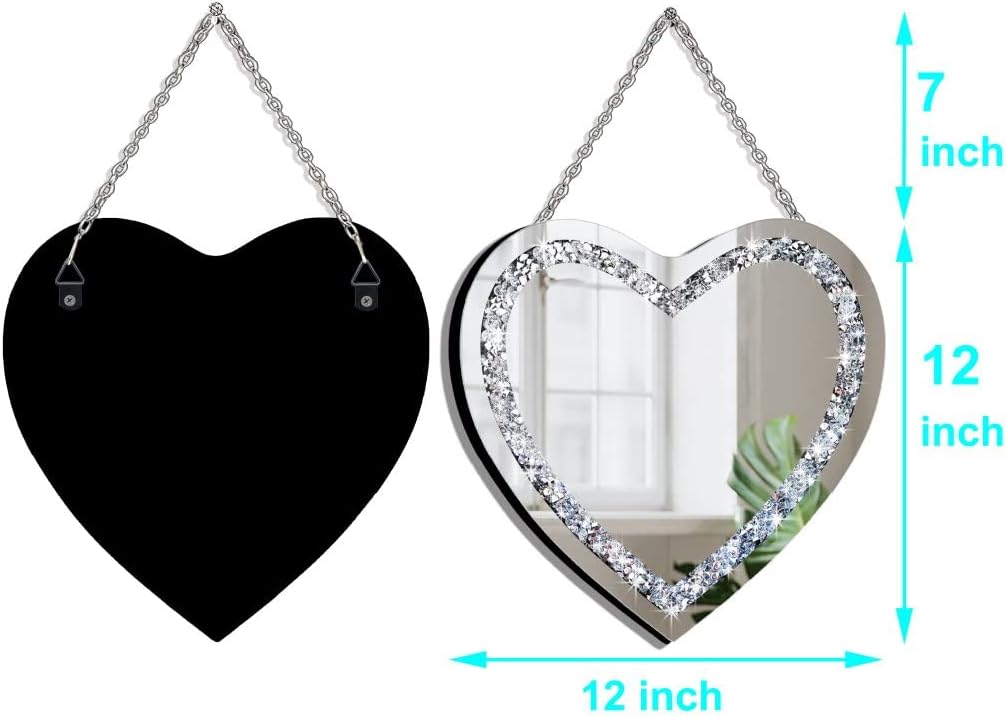 Heart Shaped Glass Silver Mirror, 2 Pieces, 12x12 Inch, Crystal Crush Diamond Wall Decor Chain