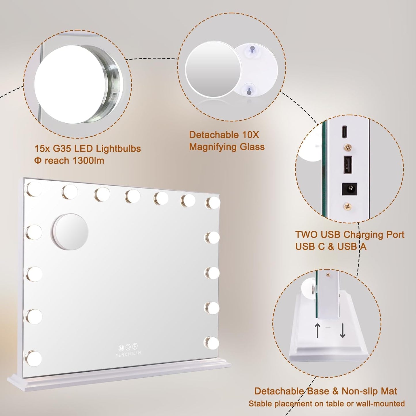 Vanity Mirror with Lights, Hollywood Makeup Mirror with 15 Dimmable LED Lights for Dressing Room and Bedroom, Slim Metal Frame Design, White